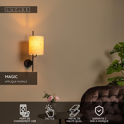 Lucide MAGIC - Applique murale - 1xE27 - Point de rechargement USB - Noir